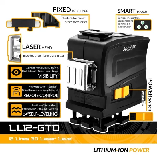 Laser Αλφάδι πράσινης δέσμης 12 οριζόντιων και κάθετων γραμμών με τηλεχειριστήριο Auto Self-leveling DEKO LL12-GTD-S1 3D